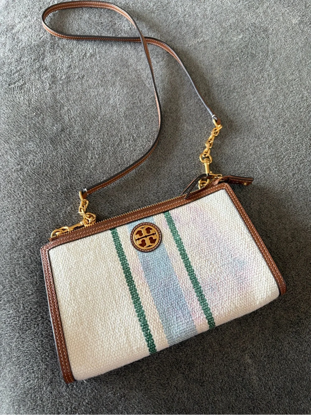 Tory Burch Cream Canvas Crossbody with Brown Trim and Green/Blue Stripes